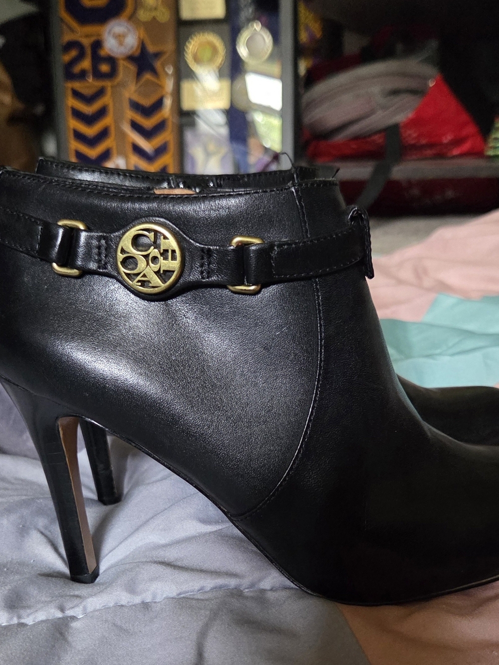 COACH Black Leather Ankle Bootie with Signature Brass Logo
